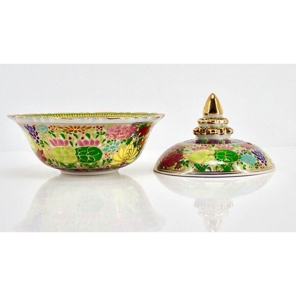 Hand Thai Painted Gold Tone Pottery BENJARONG Porcelain Cup & Lid Cloisonné 4.5" - Picture 6 of 14